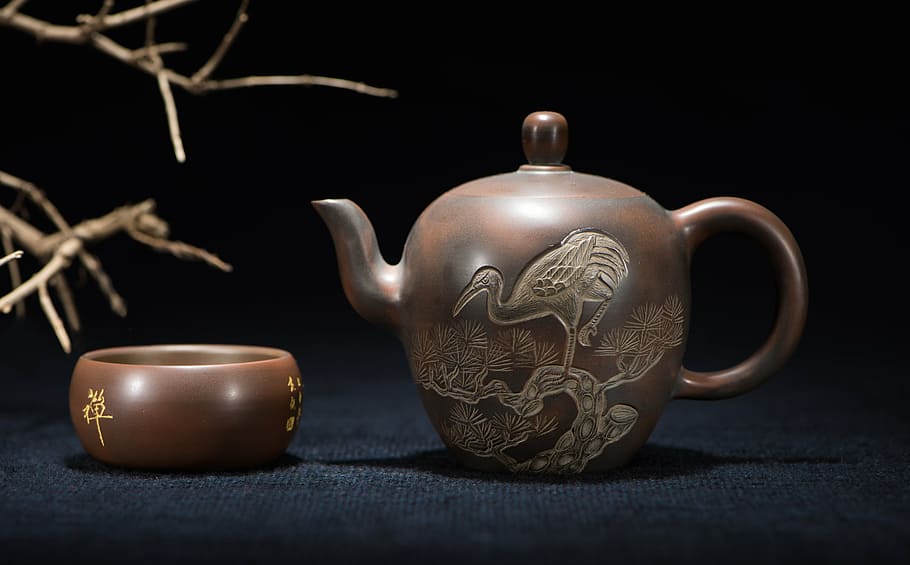 brown, teapot, bowl, blue, surface, tea, still life photography, antique, silver - metal, ancient