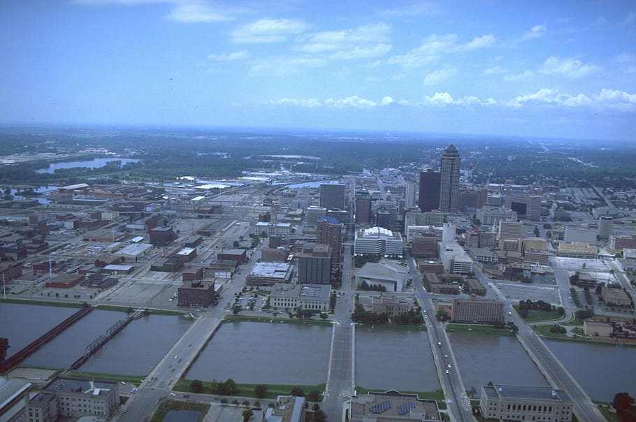 aérea, Visão, Águas da enchente, Iowa, Vista aérea, Des Moines, 1993, cidade, domínio público, céu