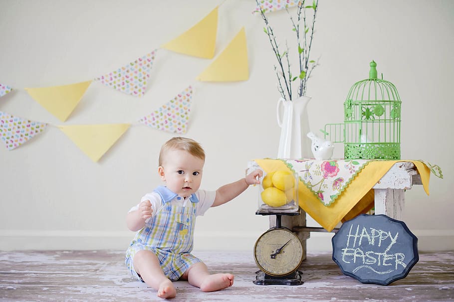 baby, wearing, blue, white, rompers, sitting, table, Boy, Toy, Nursery, Cute