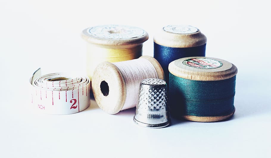 sewing, cotton thread, vintage, old, thimble, tape measure, measuring tape, crafts, hobbies, dressmaking