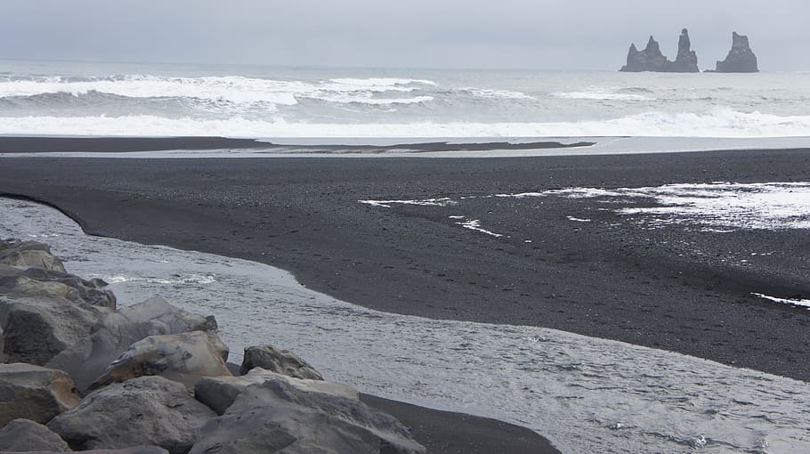 iceland, black beach, black sand, beach, sand, black, nature, travel, landscape, coast