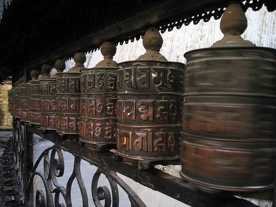 brown, jar, lid lot, prayer wheels, buddhism, nepal, prayers, pray, faith, believe