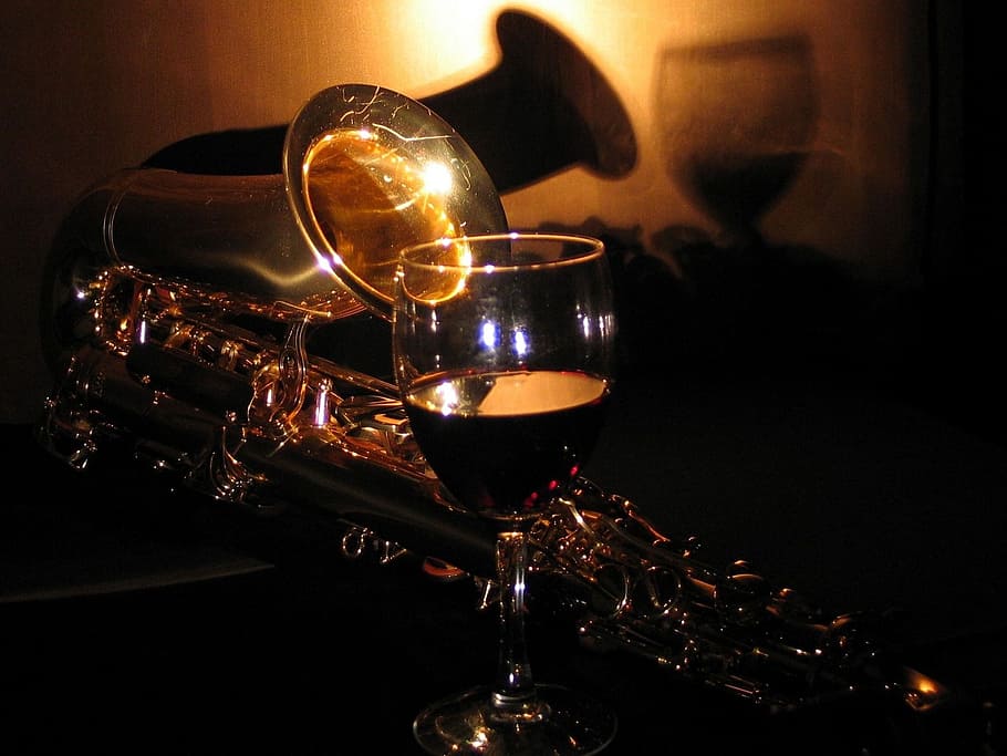 clear, wine glass, filled, black, liquid, sax, saxophone, music, instruments, dark
