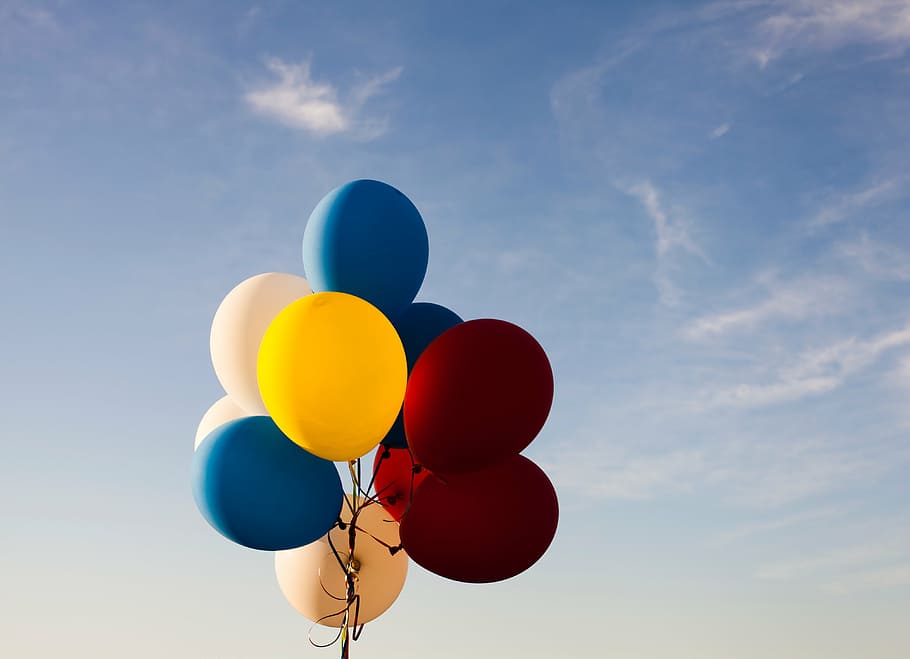 yellow, blue, maroon, balloons, colorful, balloon, clouds, sky, air, multi Colored