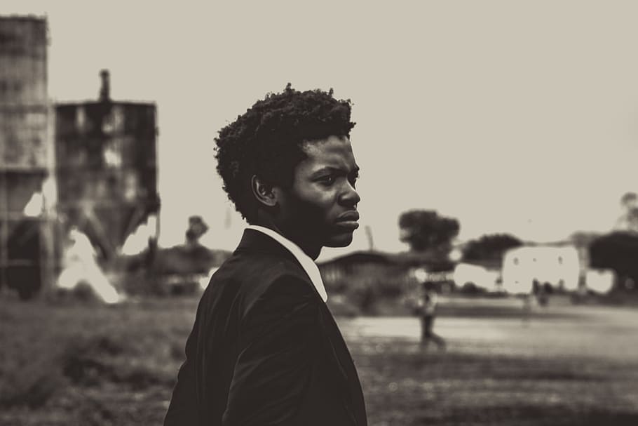grayscale photo, man, suit, teen, young, afro, black, white, ghetto, tie
