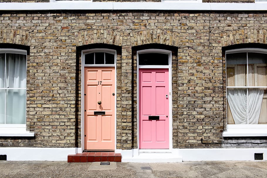 pastel, orange, pink, doors, walls, stones, bricks, windows, house, home
