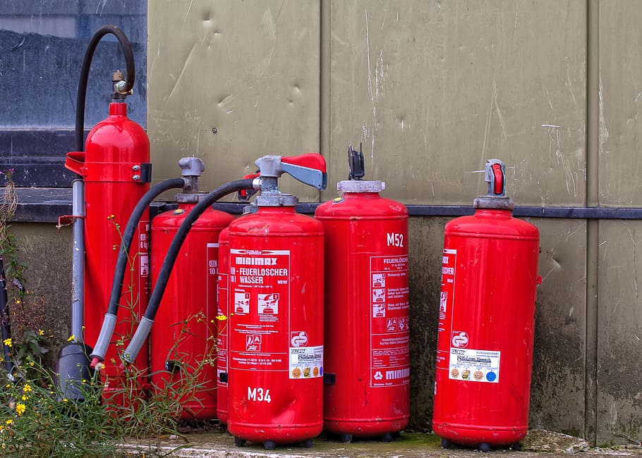 five, red, oxygen tanks, Fire Extinguisher, Brand, fire, fire fighting, fire extinguishing, hose, use