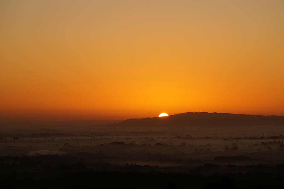sunrise, morning, mist, sun, hills, orange, sky, tones, outdoors, color