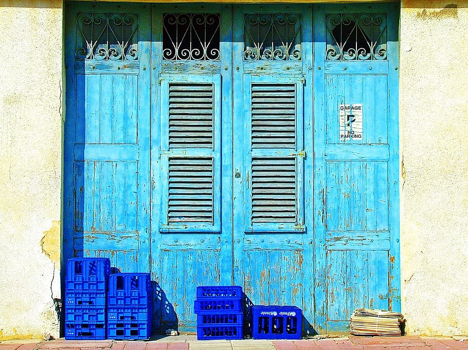 blue plastic crates, blue doors, blue shutters, weathered, old, blue, door, shutter, architecture, building