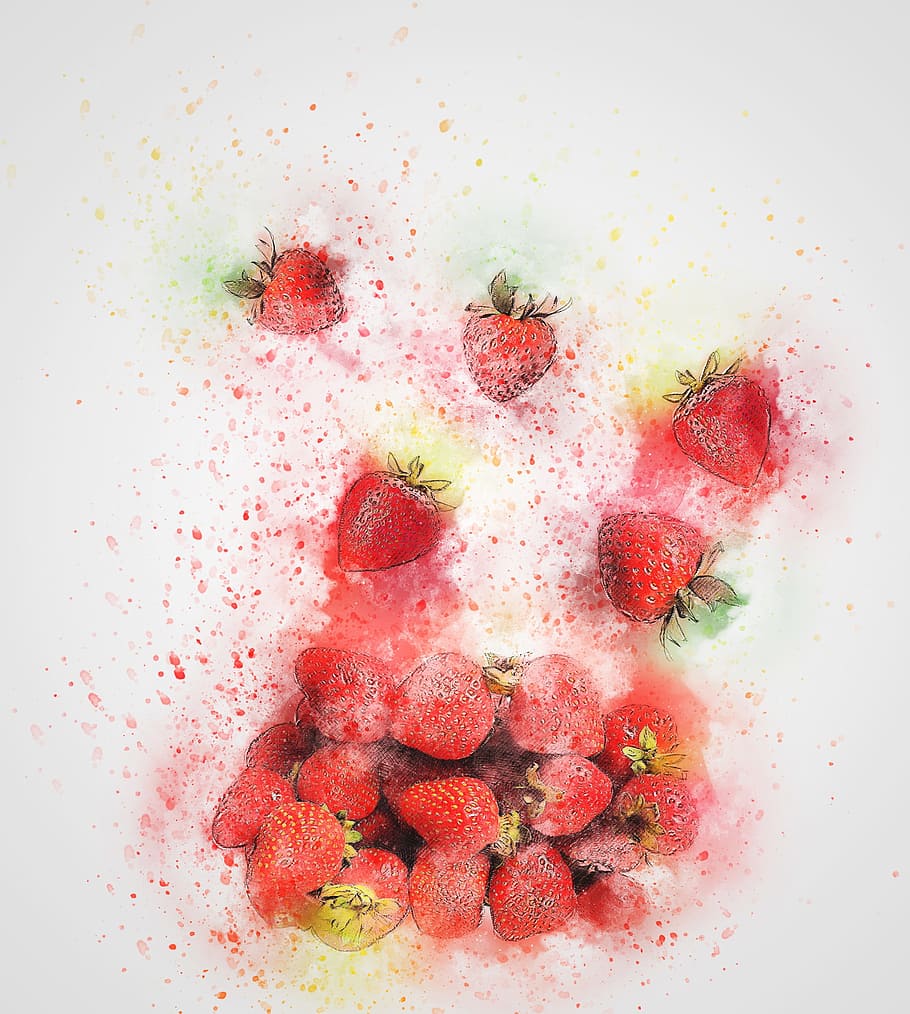 bundle, red, strawberries painting, strawberries, strawberry, fruit, nature, art, abstract, watercolor