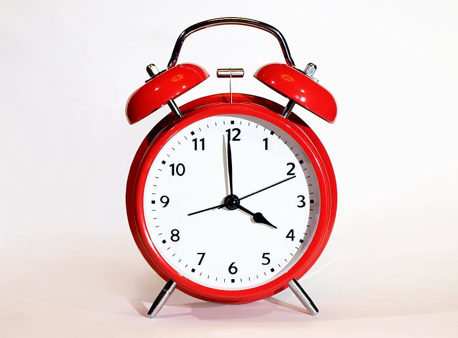 red, alarm clock, displaying, 4:00 tie, clock, deadline, minute, bell, red alarm clock, time