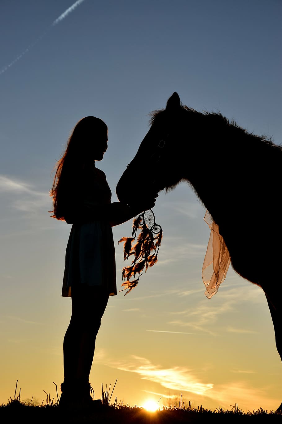 silhouette, woman, standing, front, horse, sunrise, dream catcher, human, girl, two people