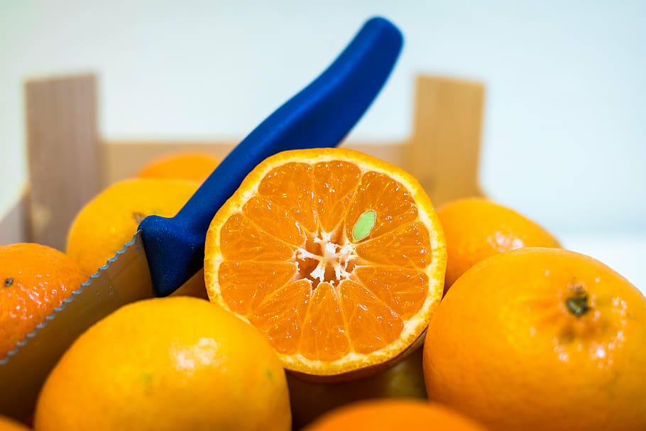 clementine, jeruk keprok, buah, jeruk, vitamin, lezat, sehat, nutrisi, pisau, kotak