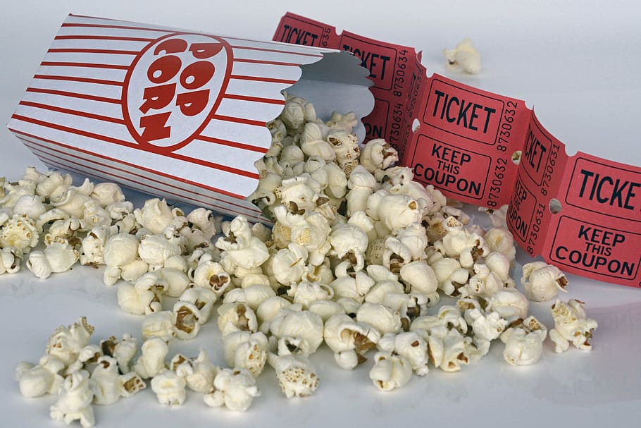 cooked, popcorn, paper container, cinema, ticket, film, entertainment, food, corn, bucket
