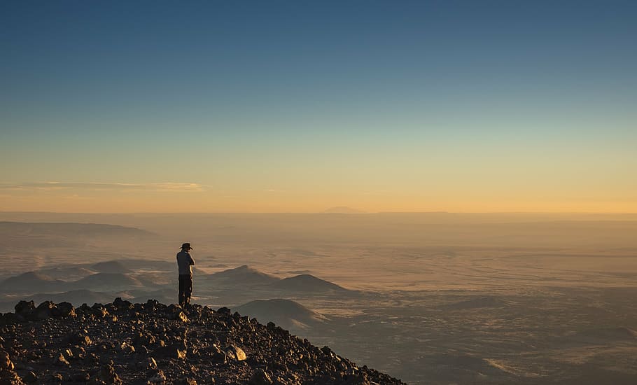 person, standing, hill, man, mountain, blue, sky, ridge, summit, cloud