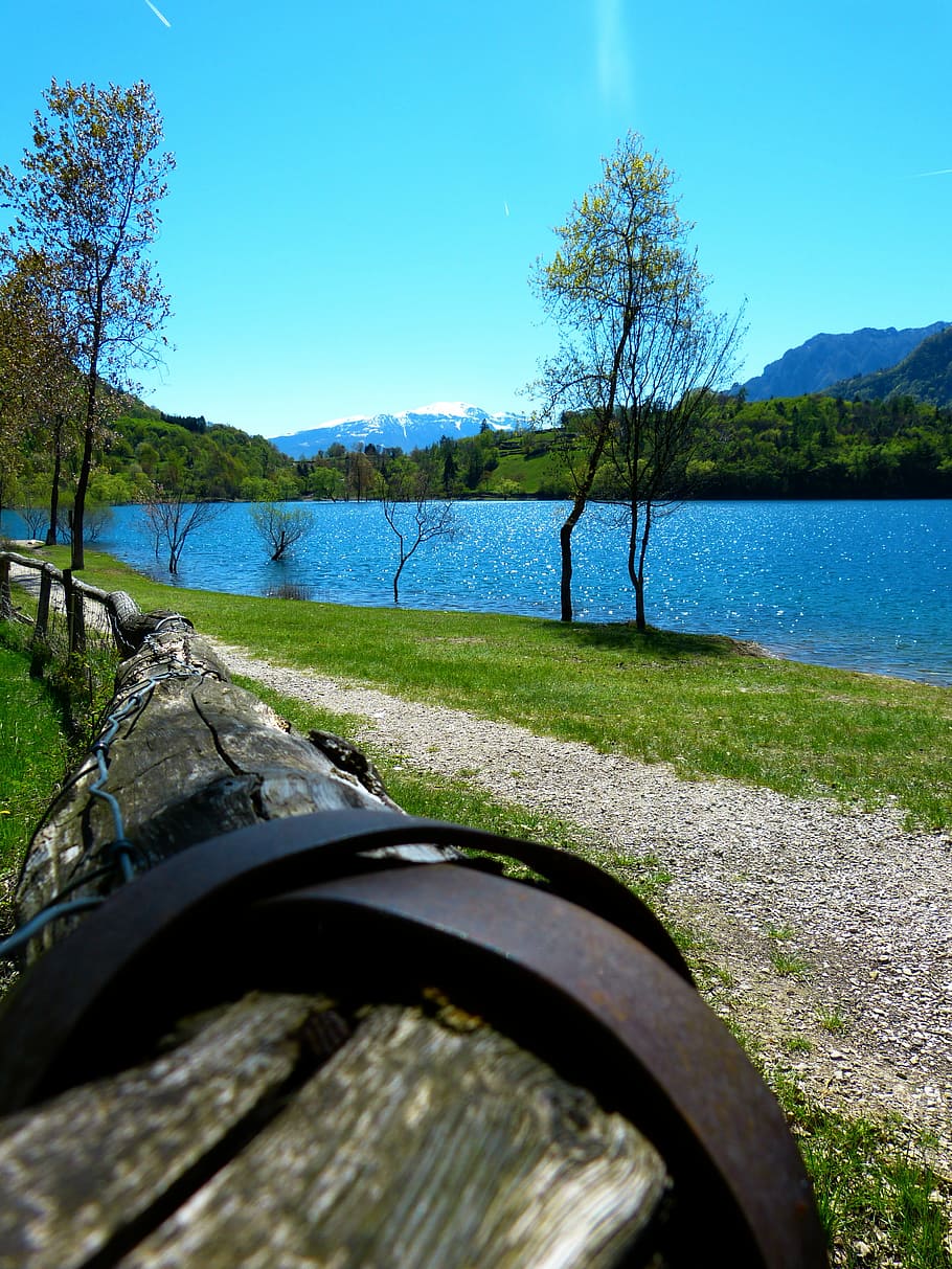 Tenno Lake, Lago Di Tenno, Italy, Away, railing, wood, mountains, water, promenade, trail