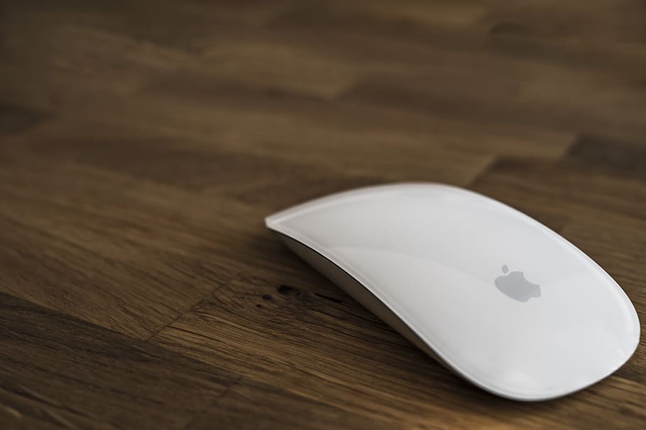 apple magic mouse, brown, wooden, surface, Workplace, Mouse, Computer, Apple, magic mouse, technology