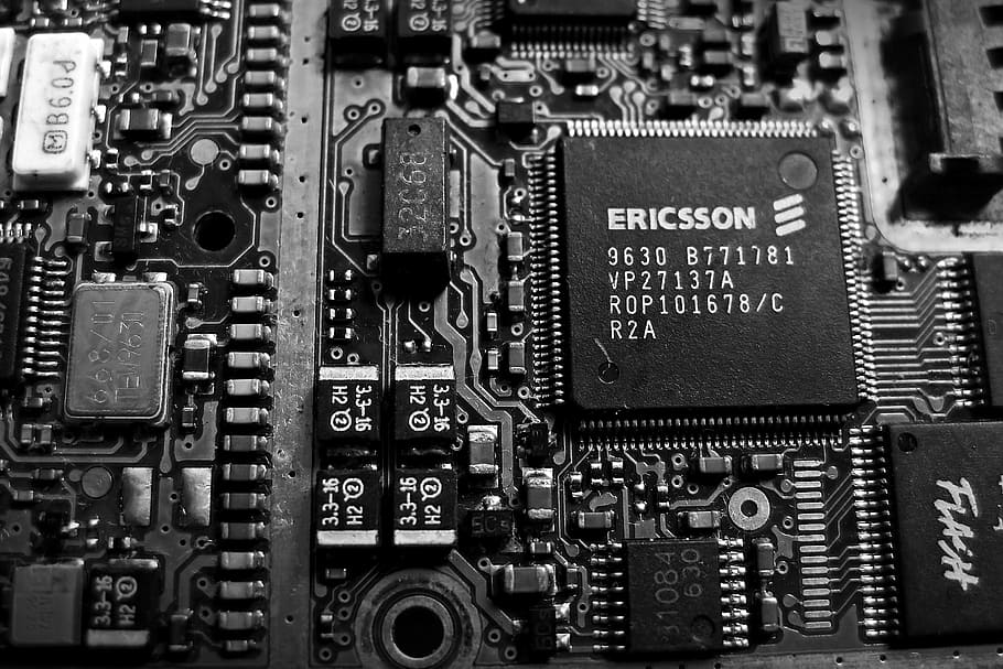 escala de cinza, foto, ericsson, 9630, computador, processador, circuito, eletrônica, velho, preto e branco