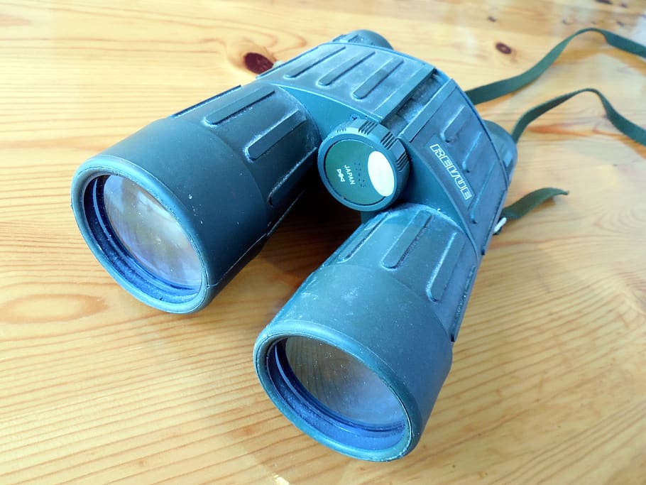 binoculars, optics, lens, increase, see, zoom, spy, espionage, table, indoors