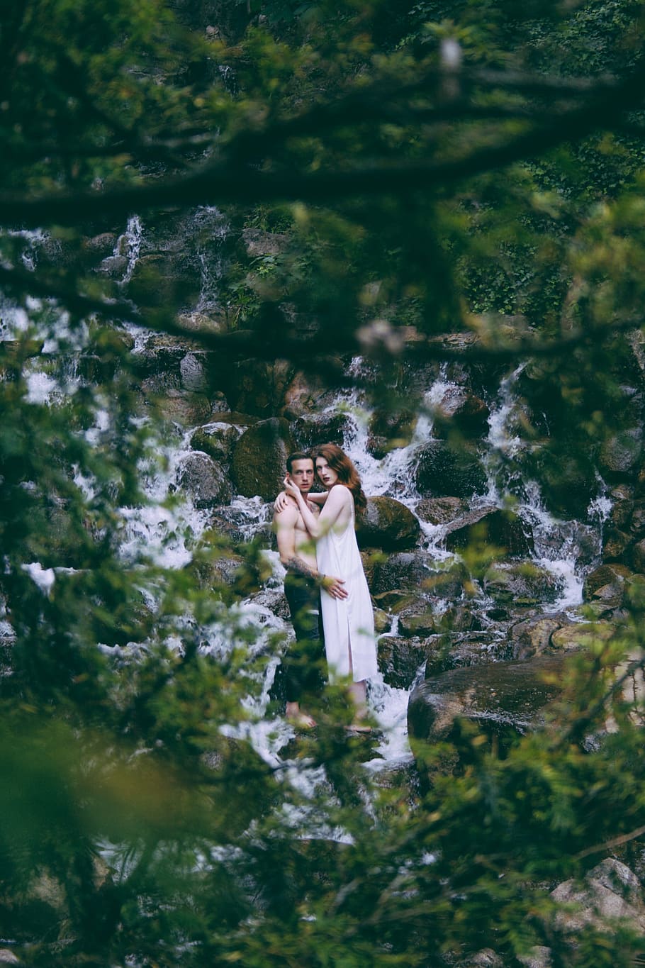 couple, hugging, standing, waterfall, people, girl, guy, photography, river, water