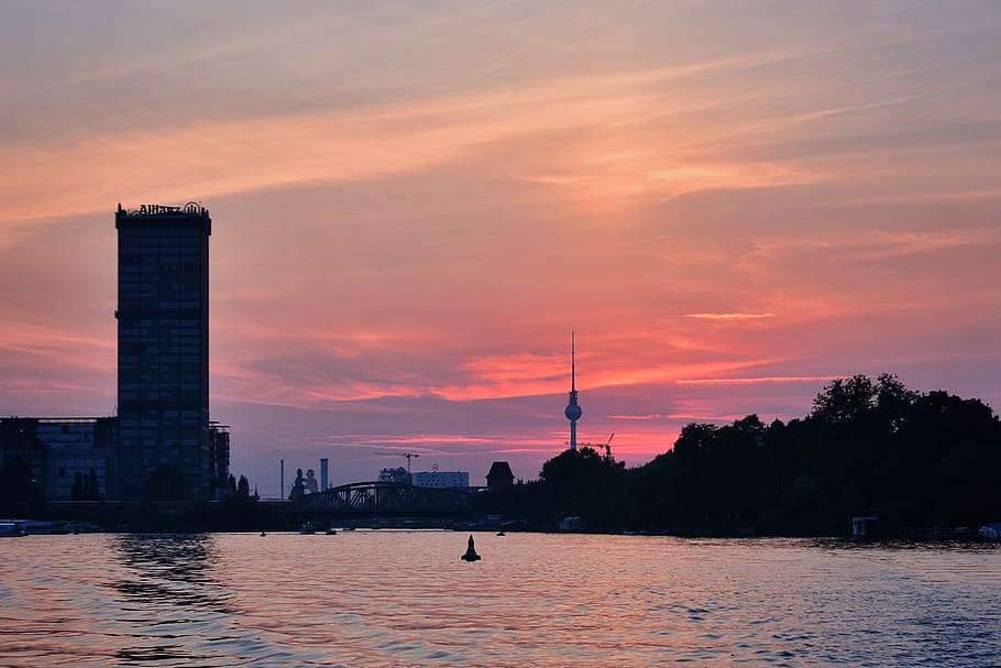 berlin, spree, sunset, evening, abendstimmung, tv tower, sky, water, architecture, built structure