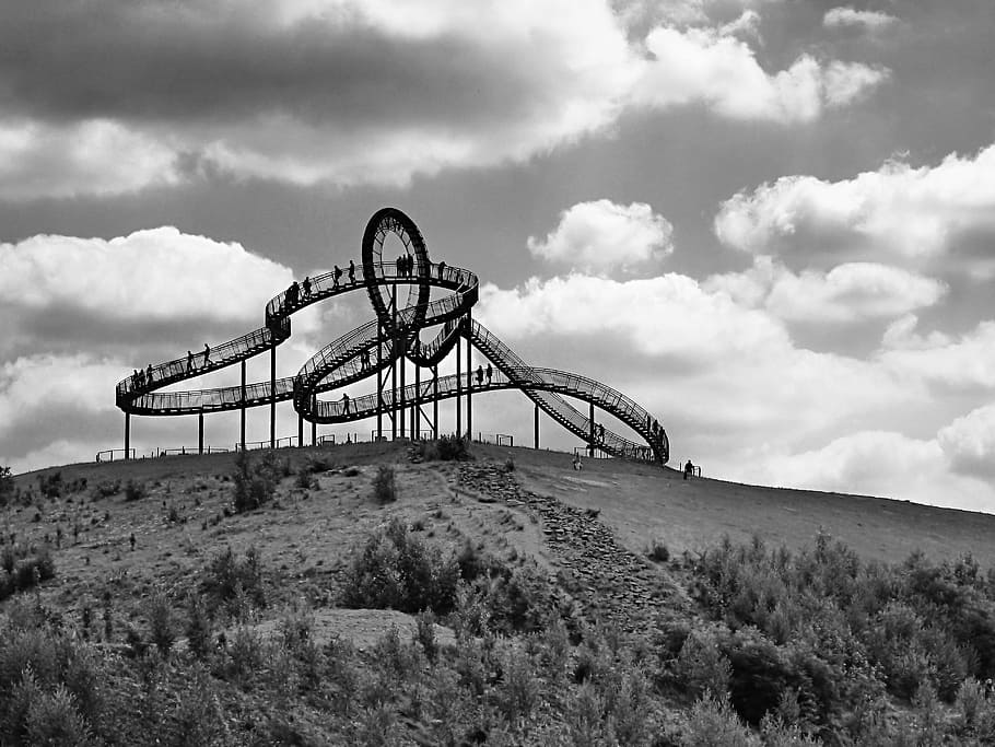 foto grayscale, jejak roller coaster, grayscale, foto, roller coaster, jejak, harimau dan kura-kura, duisburg, landmark angrypark, tangga