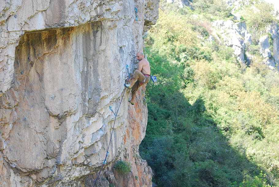 man, climbing, cliff, daytime, hill, rock, people, rappelling, rope, adventure