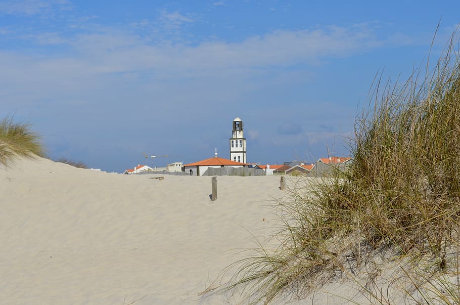 portugal, costa nova, beach, atlantic, travel, vacation, coastline, lighthouse, land, sand