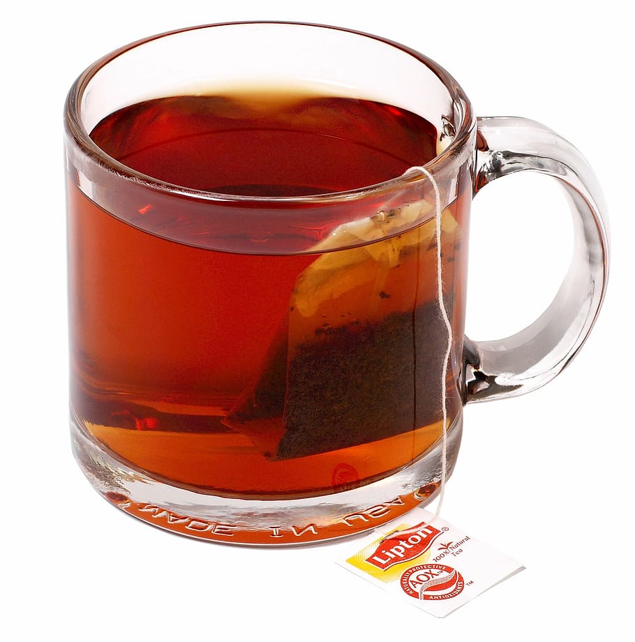 lipton tea, clear, glass mug, hot tea, cup, bag, beverage, drink, refreshing, pekoe