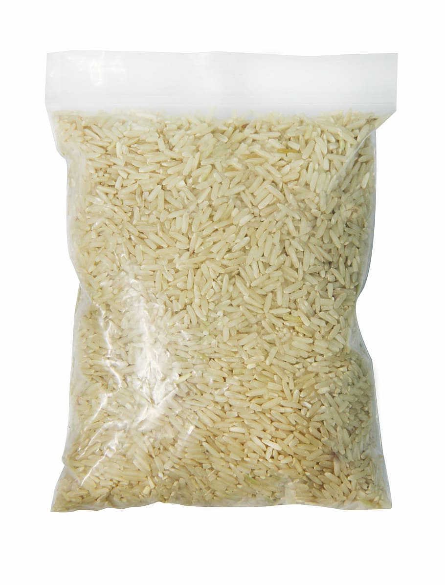 pacote de grãos de arroz, arroz, o saco, plástico, embalagens, agricultura, alimentos, isolado, branco fundo, comida e bebida