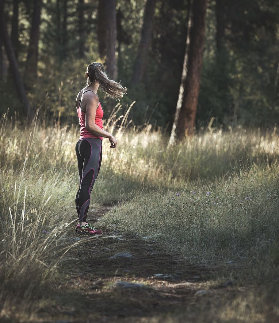 woman, standing, forest, daytime, girl, running, health, fitness, exercise, jogging