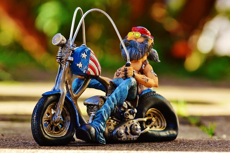 shallow, focus photography, man, motorcycle figurine, biker, bike, tattooed, america, cool, casual