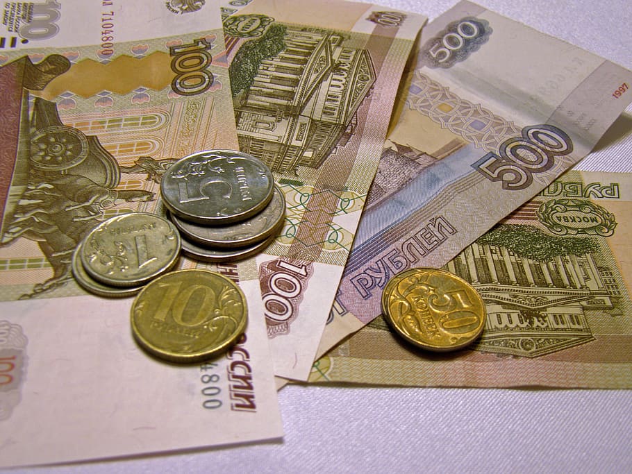 assorted-denomination indian rupee coins, banknotes, ruble, bills, money, russia, finance, currency, wealth, business