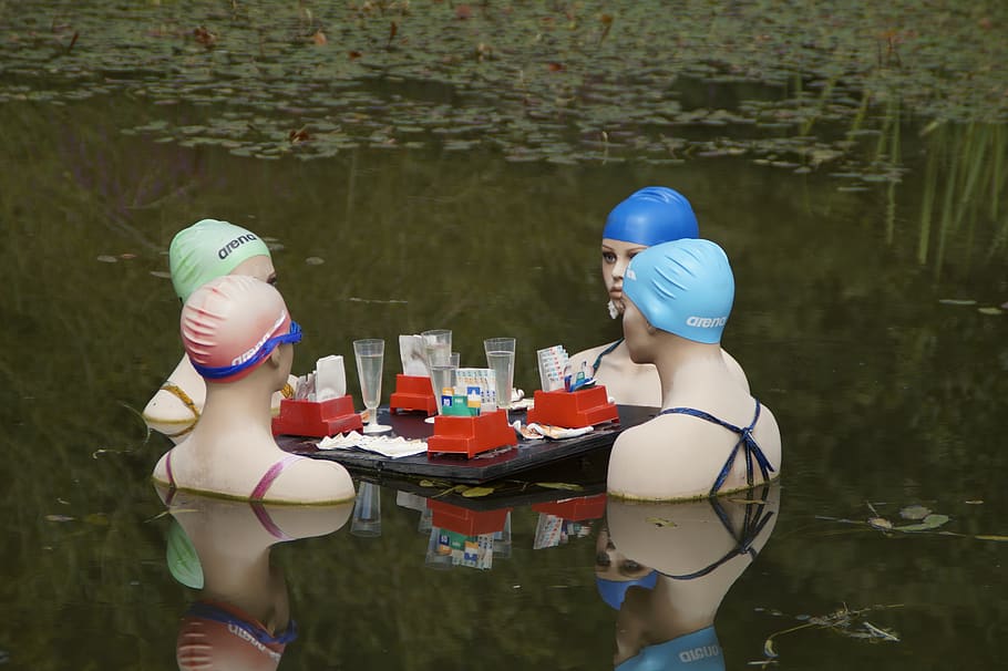 women, talk, gambling, group, swim, swim cap, four, compared to, mirroring, reflect