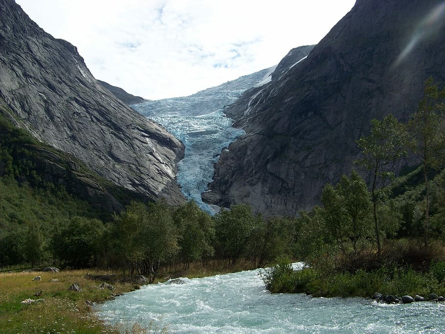 Glaciar, Noruega, paisaje, montaña, pintorescos, nieve, naturaleza, río, agua, belleza en la naturaleza