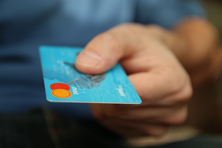 person, holding, blue, mastercard credit card, money, card, business, credit card, pay, shopping