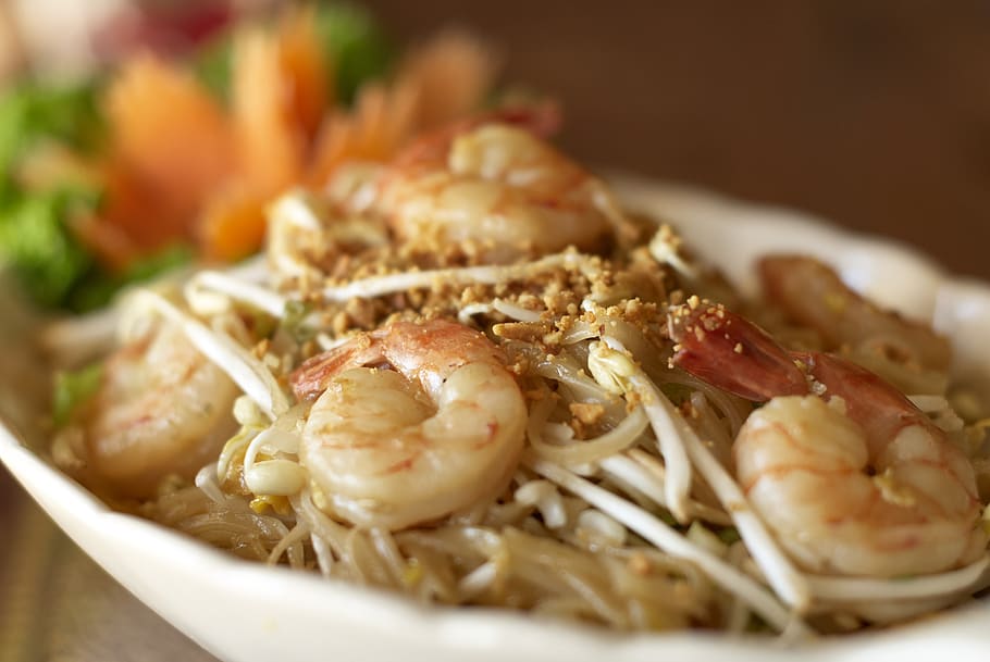 noodles, cooking, dish, food, shrimp, oriental, plate, bowl, meal, restaurant