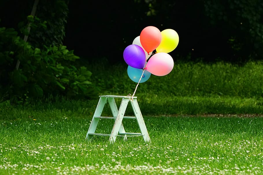 six, balloons, tied, 3-step, 3- step table, grass, summer, balloon, meadow, pleasure