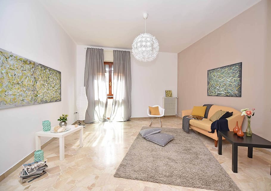 white pendant lamp, living room, apartment, house, table, inside, light, carpet, bedside table, the framework