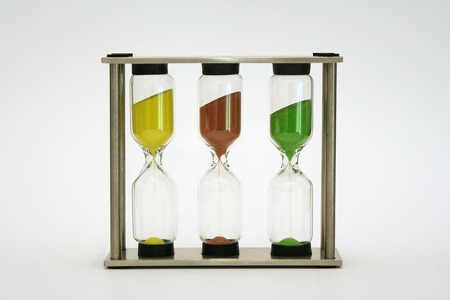 three, clear, hour glasses, hourglass, time, clock, sand, transience, run out, egg timer