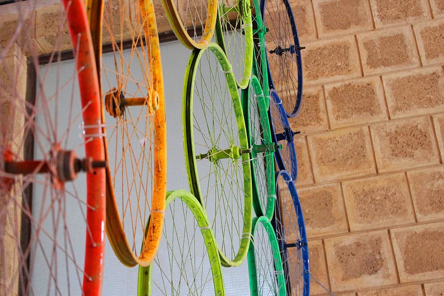 wheels, bicycle, colors, colorful, vintage, installation, art, contemporary art, wall, rainbow