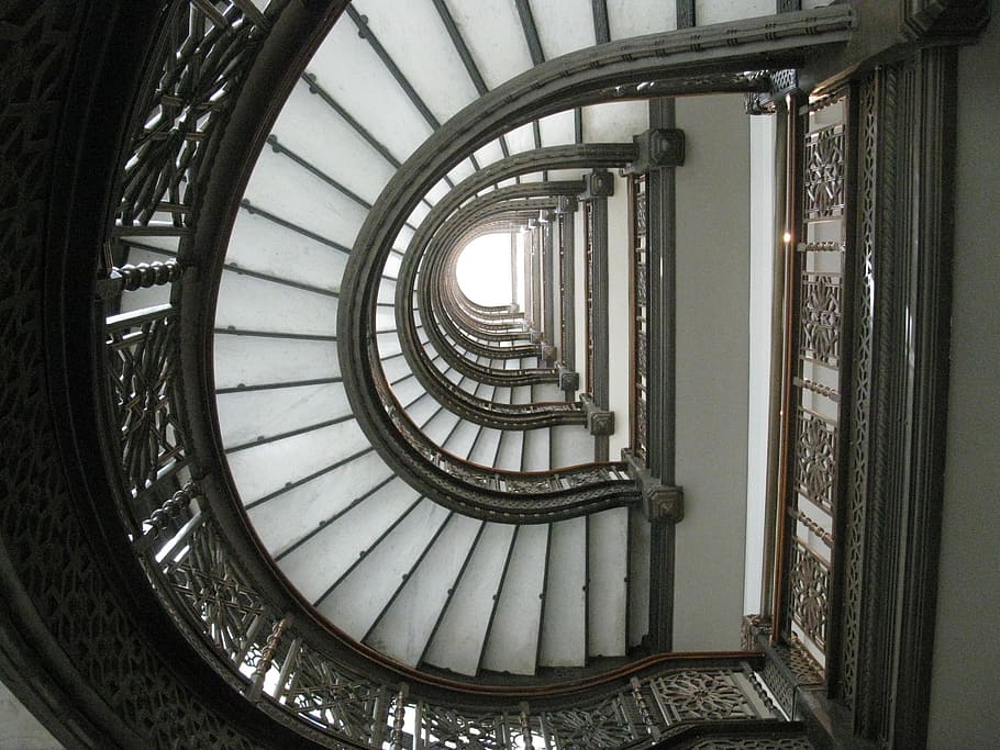 Staircase, Spiral, Interior, Stairway, swirl, perspective, steps and staircases, steps, railing, architecture
