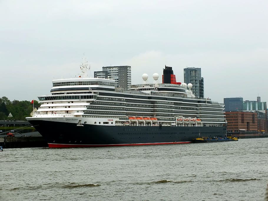 Ship Queen Elizabeth, Hamburgo, Puerto, Puerto de Hamburgo, Hamburgo Landungsbrücken, embarcación náutica, transporte, modo de transporte, agua, arquitectura