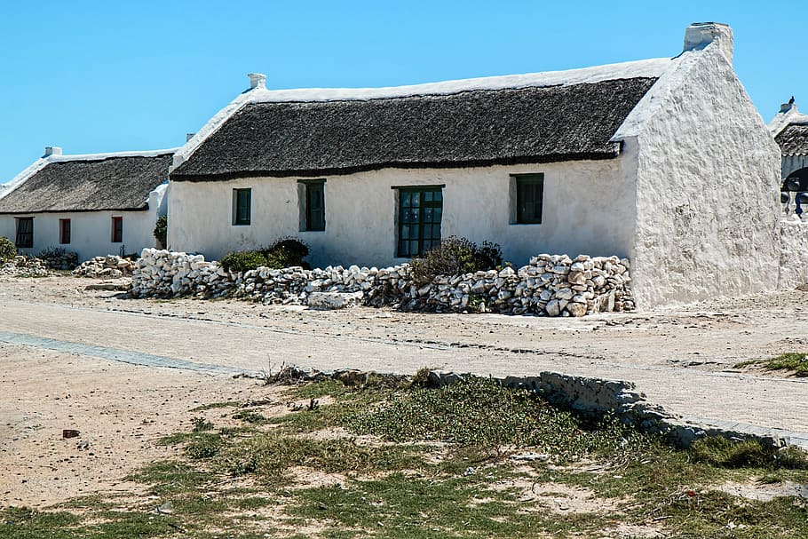 concrete, house, clear, blue, sky, daytime, fisherman's cottage, cape dutch architecture, arniston, western cape south africa