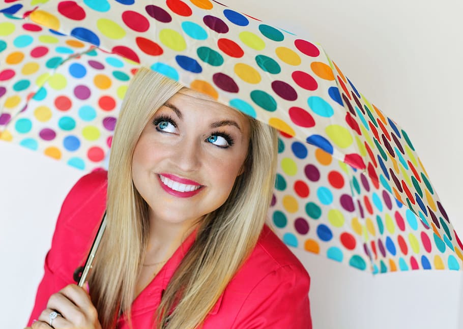 woman, wearing, red, dress, holding, multicolored, folding, umbrella, spring, happy