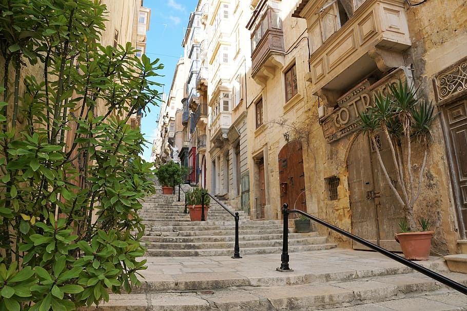 gray, concrete, stairs, black, handrail, daytime, valetta, malta, road, home