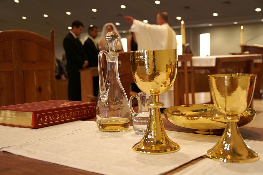 gold-colored chalices, table, sacramentary book, sacrament, church, gold, cups, wedding, ceremony, catholic