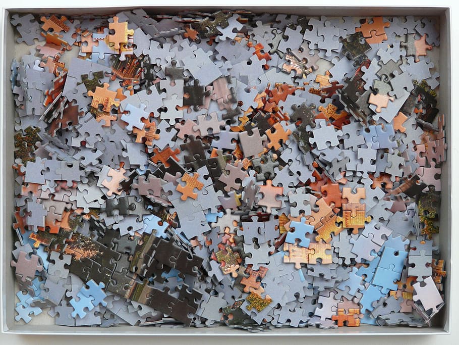 jigsaw puzzle pieces, inside, box, Puzzle, Unfinished, Cardboard, Box, Mess, cardboard, unresolved, chaos