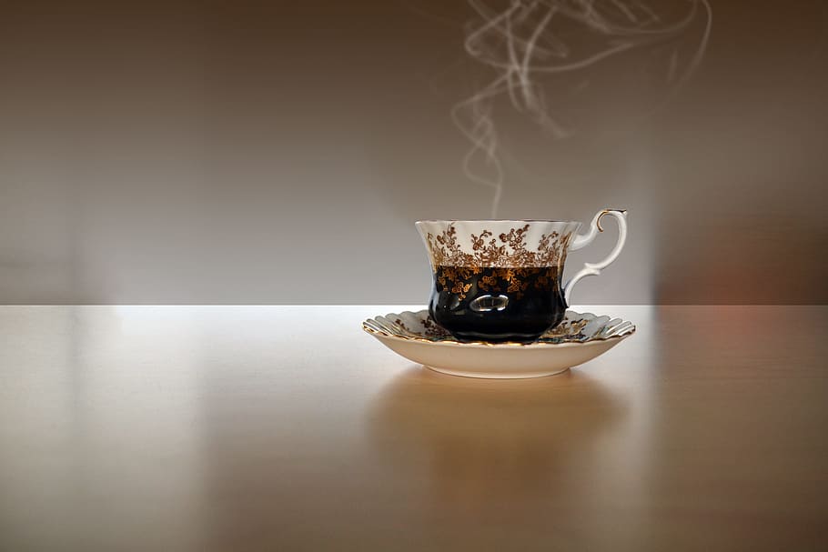 white-and-black, ceramic, teacup, saucer, tea, cup of tea, drink, beverage, cup, hot