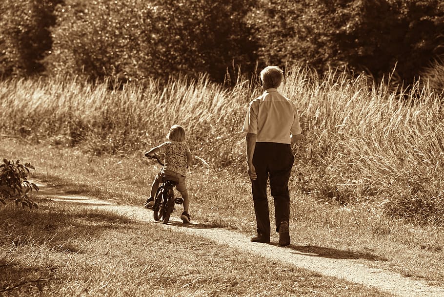 girl, riding, bike, father, following, back, person, man, child, grandfather